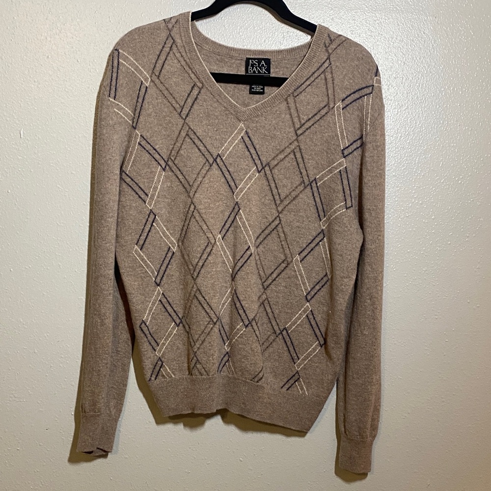 Jos. A. Bank Taupe Sweater with Navy and Cream Argyle Accents
